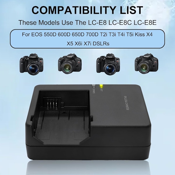 LC-E8 LC-E8C Batterioplader til Canon EOS 550D 600D 650D 700D T2i T3i T4i T5i Kiss X4 X5 X6i X7i Kamera