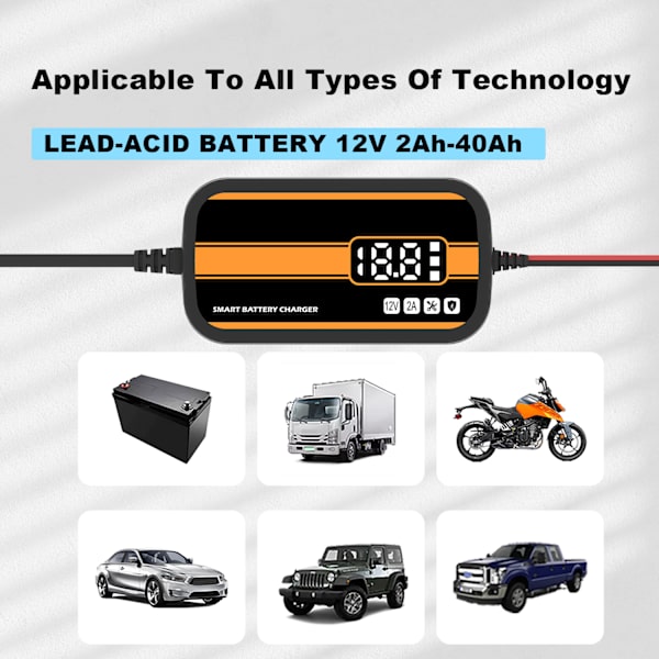 Smart batterioplader 12V2A autoreparation, til blysyrebatterier