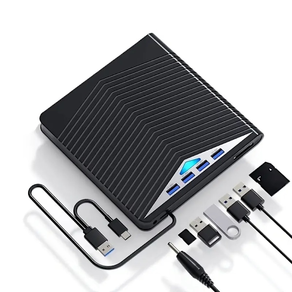 Ultratynn, bærbar CD/DVD-stasjon med USB 3.0 og Type-C, 4-ports hub, SD/TF-kortleser