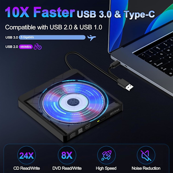 Ulkoinen CD DVD -asema kannettavalle tietokoneelle USB 3.0 ja USB-C Kannettava DVD-soitin CD ROM +/-RW -lukija-kirjoittimelle