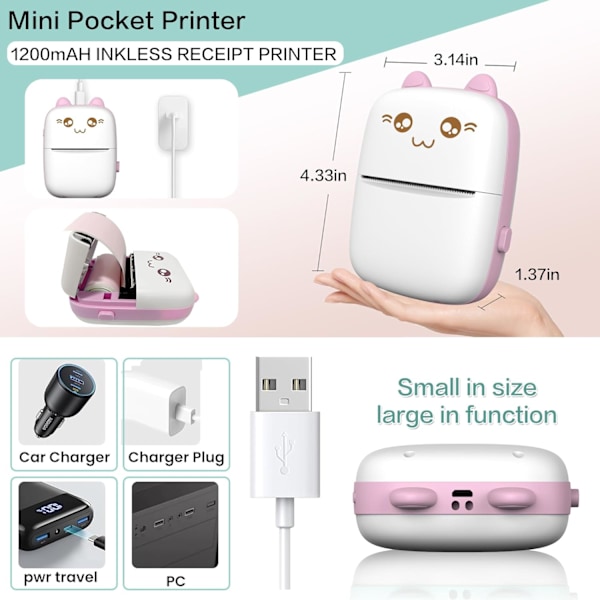 Bluetooth Trådlös Mini Termisk Skrivare Med 8 Pappersrullar, Kompatibel Med Ios + Android, Kan Användas För Dagbok, Memo, Foto Rosa