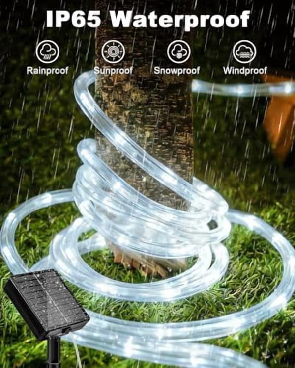LED-strips, Solcelledrevne lyslenker, vanntette, 7 M, 50 lys, 8 moduser (hvit)