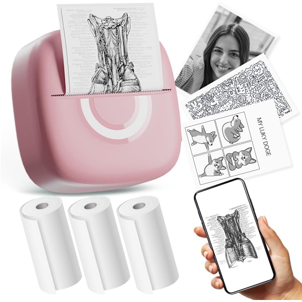 Bærbar Bluetooth termisk printer med 3 ruller papir til billeder, fotos, dagbog, kompatibel med telefoner og tablets, pink