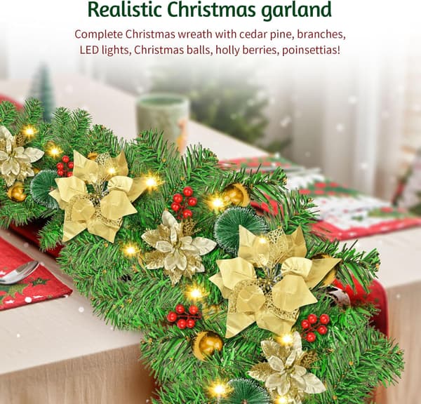 Julekrans, med LED-lys, dekorativ jul, 1,8 m (gull)