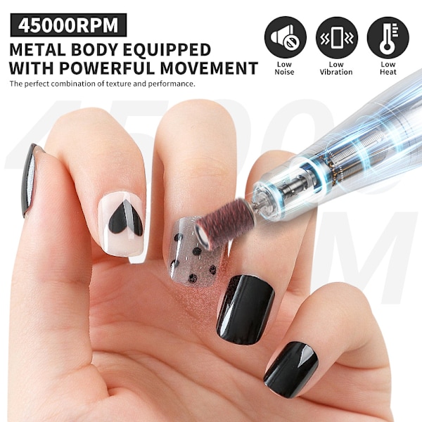 45000RPM Elektrisk Nagelborr, 6 i 1 Trådlöst Manikyrset, 2000mAh Uppladdningsbar LCD Nagelverktyg Vit