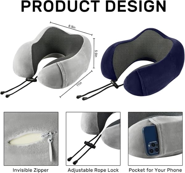 Nackkudde Memory Foam Portabel Komfort U-formad Nackskydd Resekudde Grå