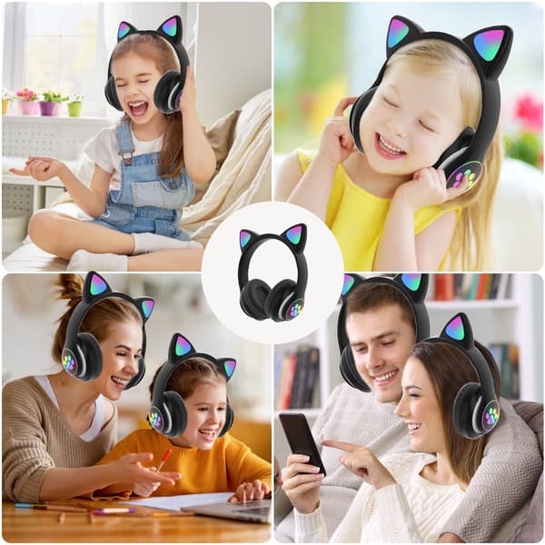 Bluetooth-øretelefoner, børnehovedtelefoner, med RGB katteører (sort)