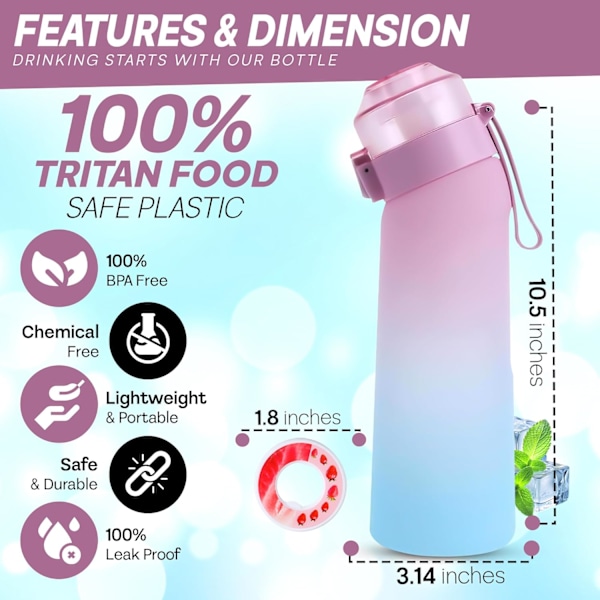 650 ml luftduftende smagsvandsflaske med 7 smagspuder, pink og blå