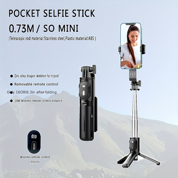 Bærbart Selfie Stick Stativ Med Trådløs Fjernbetjening 27 Tommer Udtrækkelig Og Roterbar Sort