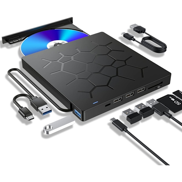 Ekstern CD/DVD-stasjon for bærbar PC, 7 I 1 USB 3.0 Ultra-slank bærbar DVD-spiller