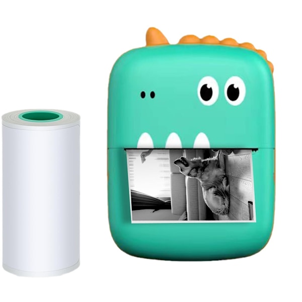 Lille Dinosaur Mini Bærbar Printer Grøn + 5 Ruller Klistermærker + Farvede Tusser
