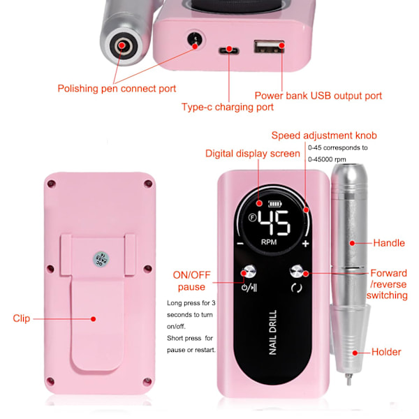 45000RPM Uppladdningsbar Portabel Nagelfil Elektrisk DIY Nagelborr Kit med Smart LCD-Skärm DAZZLE