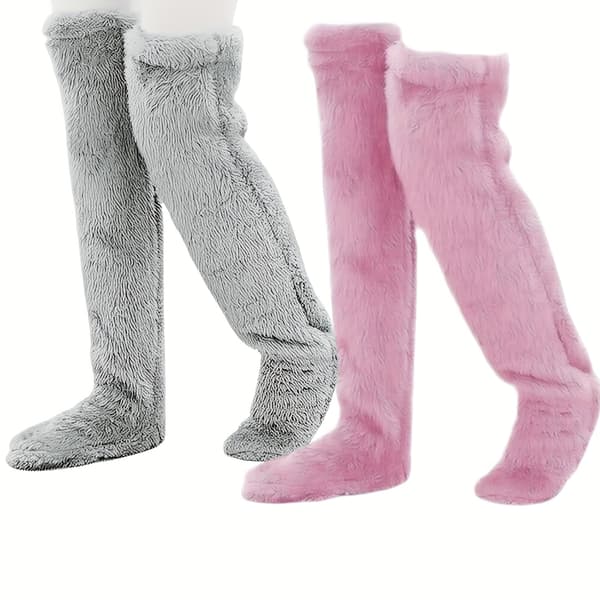 2 par strømper lårhøje, Vinter Komfort Høje strømper (Lysegrå-pink)