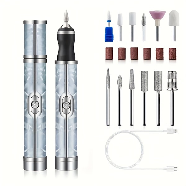 Elektriska nagelfilar, 4-hastighets nagelborrset, nagelklippare, bärbara USB-manikyr- och pedikyrverktyg silver