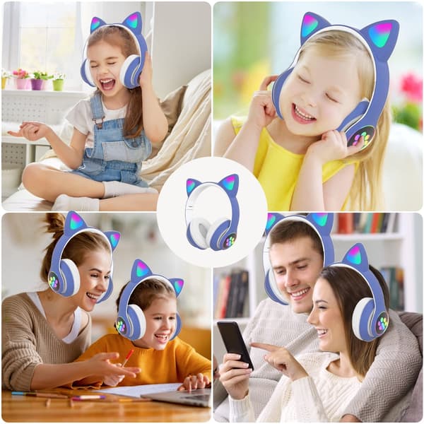 Bluetooth-øretelefoner, børnehovedtelefoner, med RGB katteører (blå)