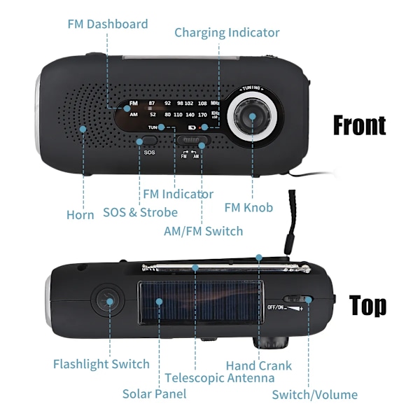 Multifunktionell Handvev Nödradio med Solceller 2000mah (Vit)