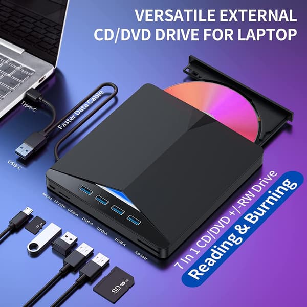 Extern CD/DVD-enhet för Laptop, 7 i 1 USB 3.0 DVD-spelare Portabel CD/DVD-brännare