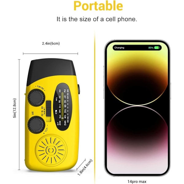 Hätätilanteen aurinkoradio, kannettava käsikampi AM/FM-radio LED-taskulampulla, 2000 mAh akku / keltainen
