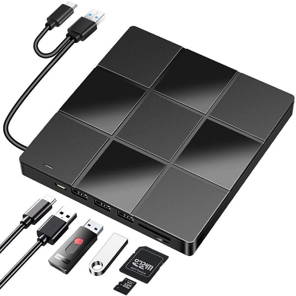 Extern CD/DVD-läsare för Laptop, Kompatibel med Windows 11/10/8/7, Mac OS, Linux, PC (7 i 1)