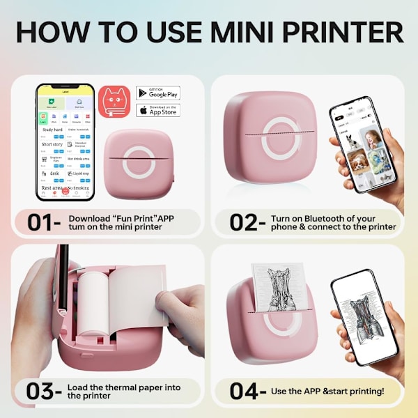 Bærbar Bluetooth termisk printer med 3 ruller papir til billeder, fotos, dagbog, kompatibel med telefoner og tablets, pink