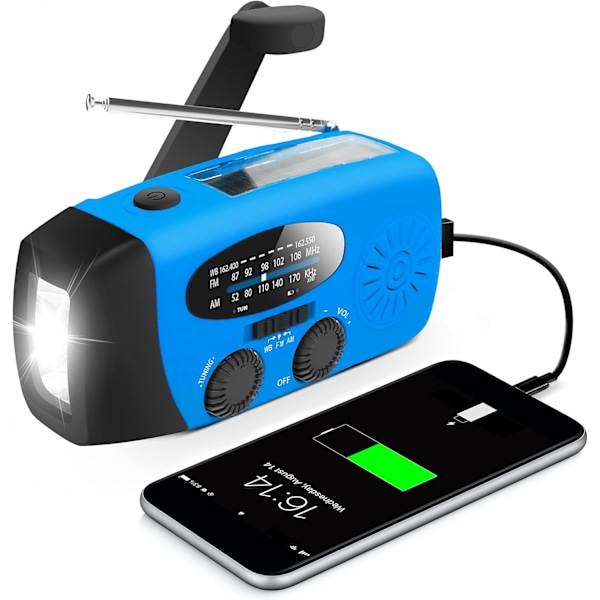 2000mAh Solkraftsgenererande Väderradio Bärbar Nödsituation AM/FM-radio med Ficklampa/blå