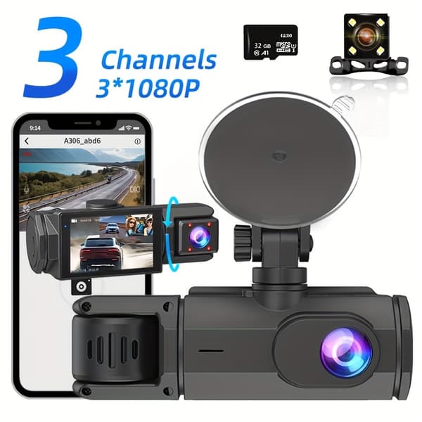 3-kanals dashbordkamera med 2.0\" IPS-skjerm, WiFi, G-sensor, loop-opptak