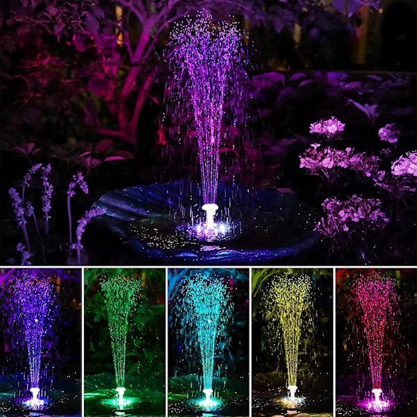 RGB-valoilla varustettu kelluva aurinkovesipumppu kuudella suuttimella puutarhan suihkulähdekoristeluun, 3,5 W