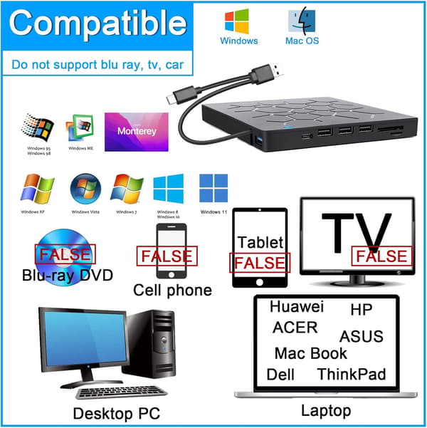 Ekstern DVD/CD-brenner 7-i-1 USB optisk diskleser