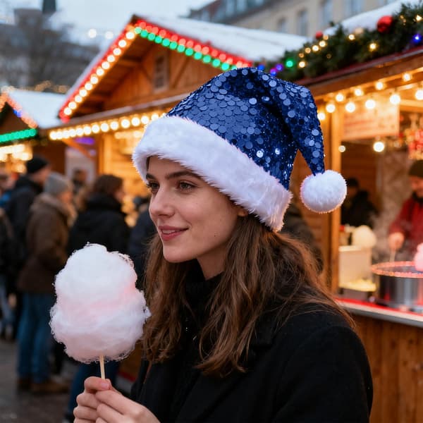 Julehat, pailletbesat julehat, egnet voksen plys julehat (blå)