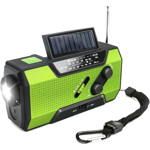 Aurinkokennoradio, AM/FM-sääradio käsikammella ja kannettava 2000 mAh:n varavirtalähde (vihreä)