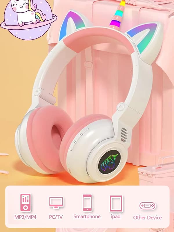 Bluetooth-hörlurar, barnhörlurar, enhörningshörlurar med ljus (blå)