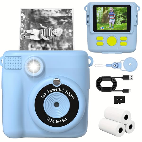 Digitalkamera Barn Instant Print Kamera 32Gb Blå