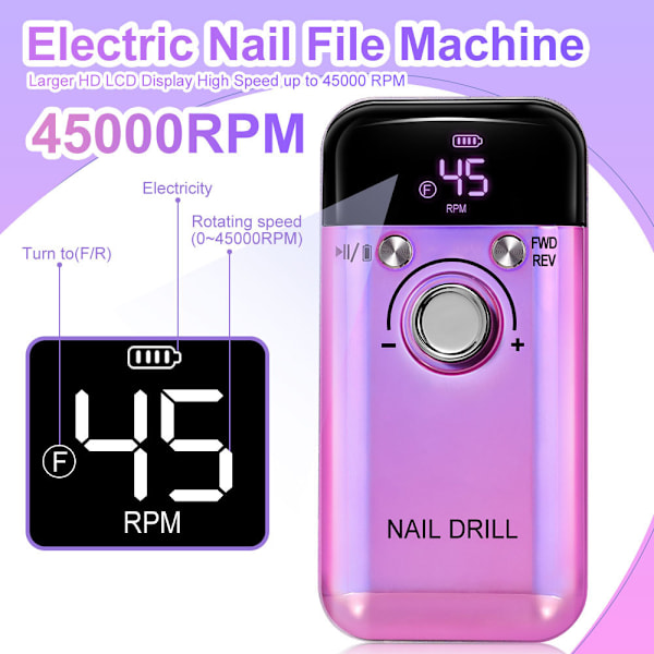Professionell Nagelfil 45000 RPM, 2000mAh Elektrisk Nagelfil, Kraftfull Nagelfil färgglad