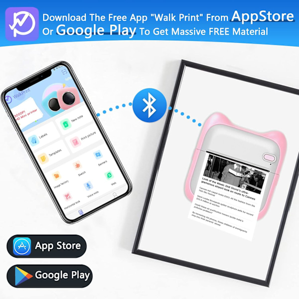 Bærbar Blækfri Termisk Stickerprinter Kompatibel med iOS og Android med 10 Ruller Papir og 5 Rosa Penne