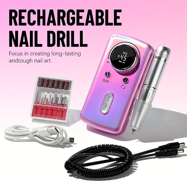 Portabel USB-driven Uppladdningsbar Litiumbatteri Nagelborr, 45000 RPM, Formaldehydfri, Med Gelpolerare Och Nagelfil För Nagelvård Lila