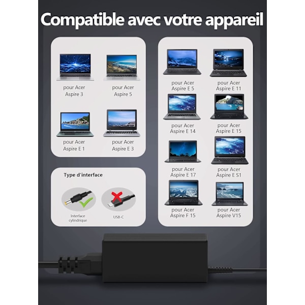 65 W laturi 19 V 3,42 A Acer Aspire 3 5 E3 E5 E15 E17 ES1 V3 V5 virtalähdeadapterille (5,5 x 1,7 mm)