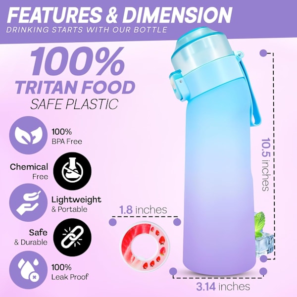 650 ml luftduftende smagsvandsflaske med 7 smagspuder, lilla/blå