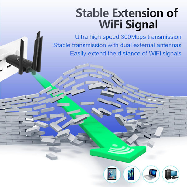 wifi-extender, trådløs USB2 signalforstærker 300mbps (sort)