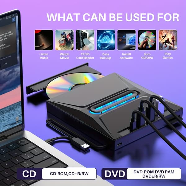 USB 3.0 Extern CD DVD-enhet, Typ-C Portabel CD/DVD+/-RW-enhet/DVD-spelare