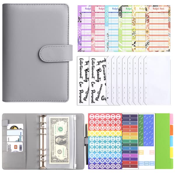 Budget Binder A6 PU Læder Notesbog Planner Organizer Grå 27 dele