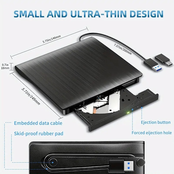 Extern CD/DVD-läsare för Laptop USB 3.0 Portabel RW Optisk Läsare/DVD-spelare