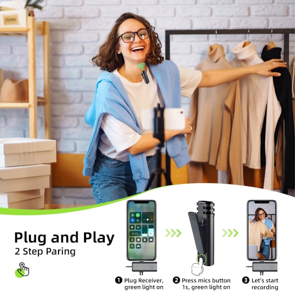 Trådløs Mikrofon til iPhone/Android/Kamera/PC, 3-i-1 Mini Mikrofon, Støjreducerende, Plug & Play Trådløs Mikrofon, 2-pak