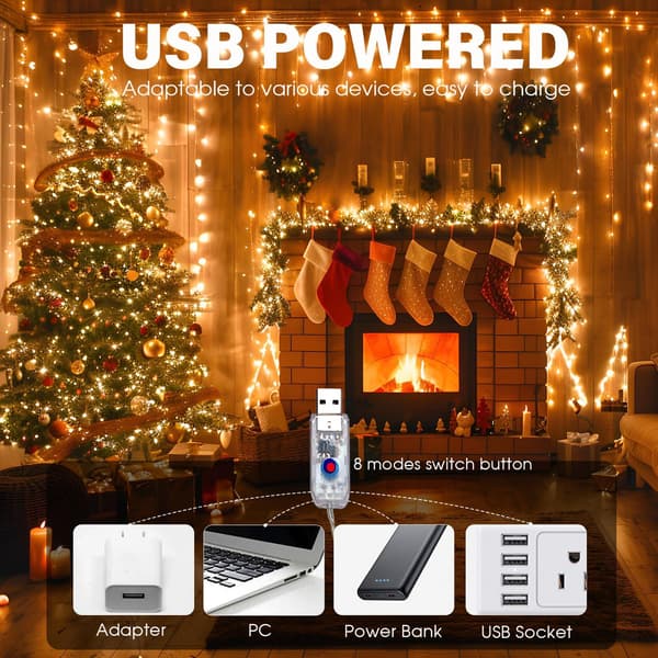 Julelys, LED-lyskjede, USB 1,5M, 50 stjernelys, 8 moduser