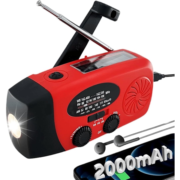 Aurinkoenergialla toimiva hätäradio käsikammella, LED-taskulampulla, kannettava AM/FM-radio 2000mAh/punainen