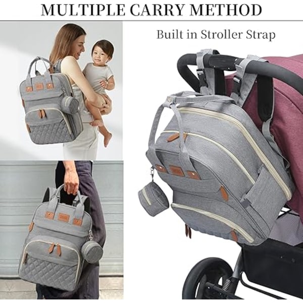 Vikbar Mammaväska, ryggsäck med Bassinet, Vikbar 300D, Vattentät, Tvättbar Spjälsäng Grå