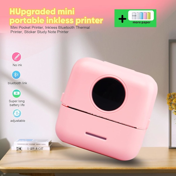 Bærbar Lomme Inkless Bluetooth Termisk Printer med 5 Ruller Papir til Dagbog/DIY Scrapbooking/Rejser/Noter Pink