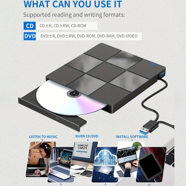 7 IN 1 Ulkoinen DVD-asema Plug and Play CD-ROM-poltin Kannettava USB 3.0 Type-C:llä