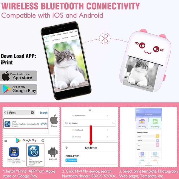 Mini Bærbar Skriver, Trådløs Bluetooth Termisk Lommeskriver for iOS og Android Rosa