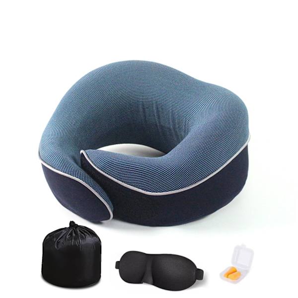 Nackkudde Memory Foam U-formad Resekudde 360° Nackskydd Med Ögonmask Och Öronproppar (Blå)