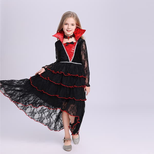 Häxa vampyrdräkt för barn, Typ D med halsband (M 120-130CM)